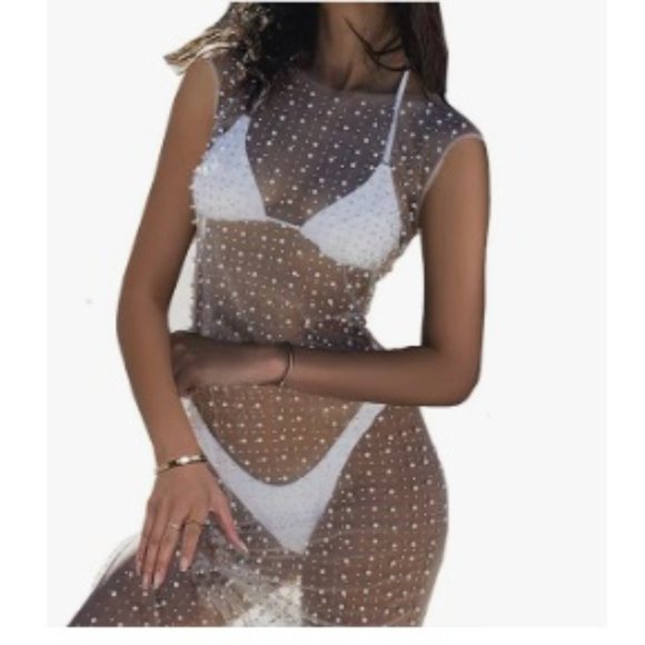 Sheer Mesh Pearl Shiny Rhinestone Dress Sleeveless Cover Up - Picture 5 of 8